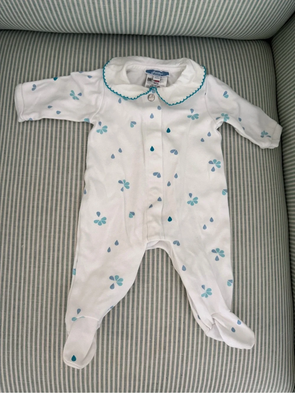 Jacadi White Footed One-Piece with Teal Floral and Raindrop Print - 1M